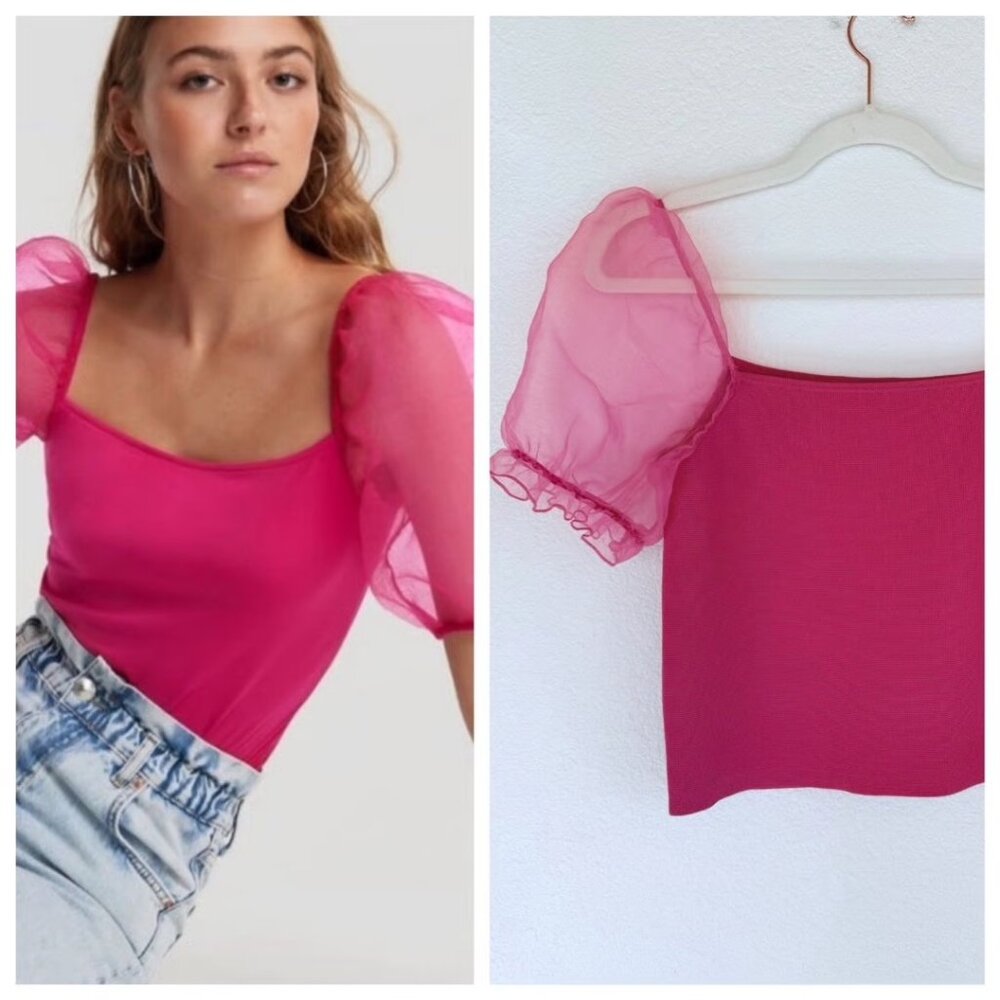 NWT House of Harlow Pink Short Sleeve Puffer Peacock Shirt Sz S
